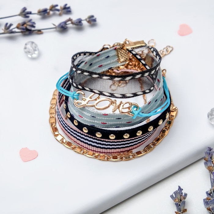 Браслет ассорти "Настроение" романтик, (набор 6 штук), цвет чёрно-голубой в золоте