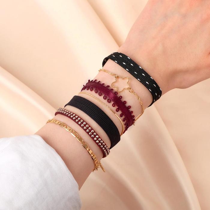 Браслет ассорти "Настроение" звезда с узором, (набор 6 штук), чёрно-бордовый в золоте