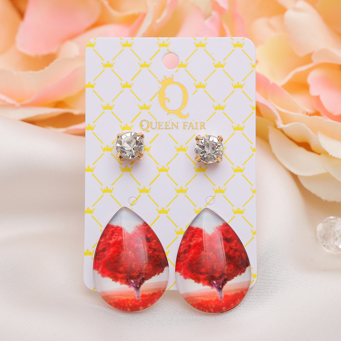 Пусеты 2 пары "Капля" сердце, цвет красно-голубой в золоте