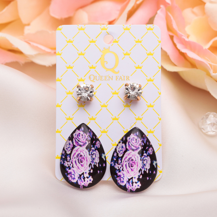 Пусеты 2 пары "Капля" цветы, цвет сиреневый в золоте