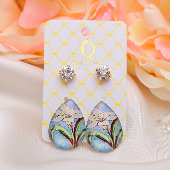 Пусеты 2 пары "Капля" лилия, цвет бело-голубой в золоте