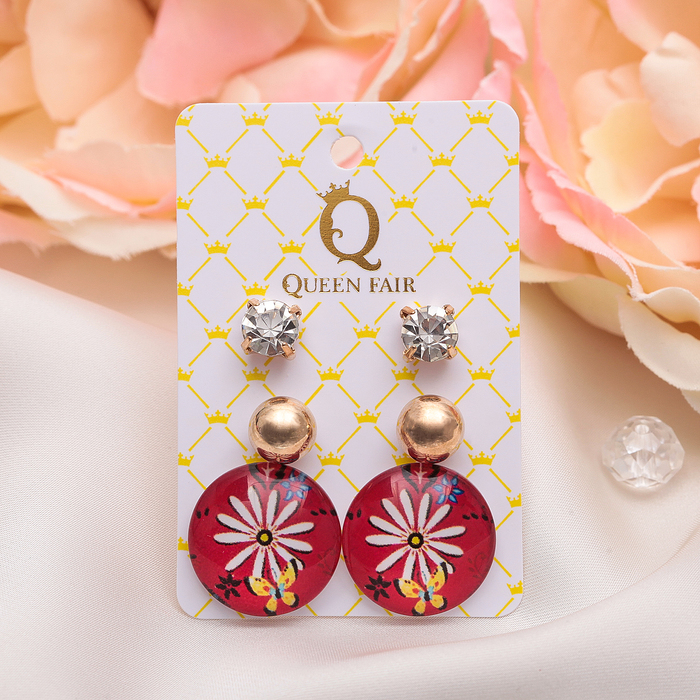 Пусеты 3 пары "Круг" ромашка, цвет красно-белый в золоте