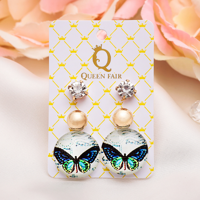 Пусеты 3 пары "Круг" бабочка, цвет бело-зелёнй в золоте