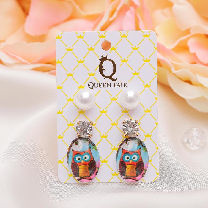 Пусеты 3 пары "Овал" совы, цветные в золоте