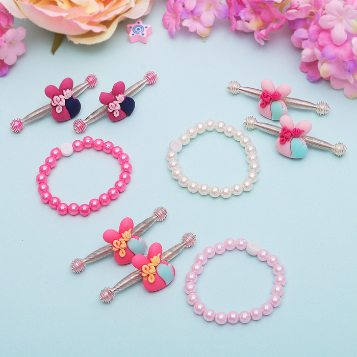 Набор детский "Выбражулька" 3 предмета: 2 заколки-пружинки, браслет, зайчик, цвет МИКС