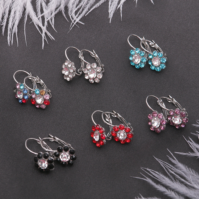 Серьги со стразами "Цветочек" вечеринка, цвет МИКС