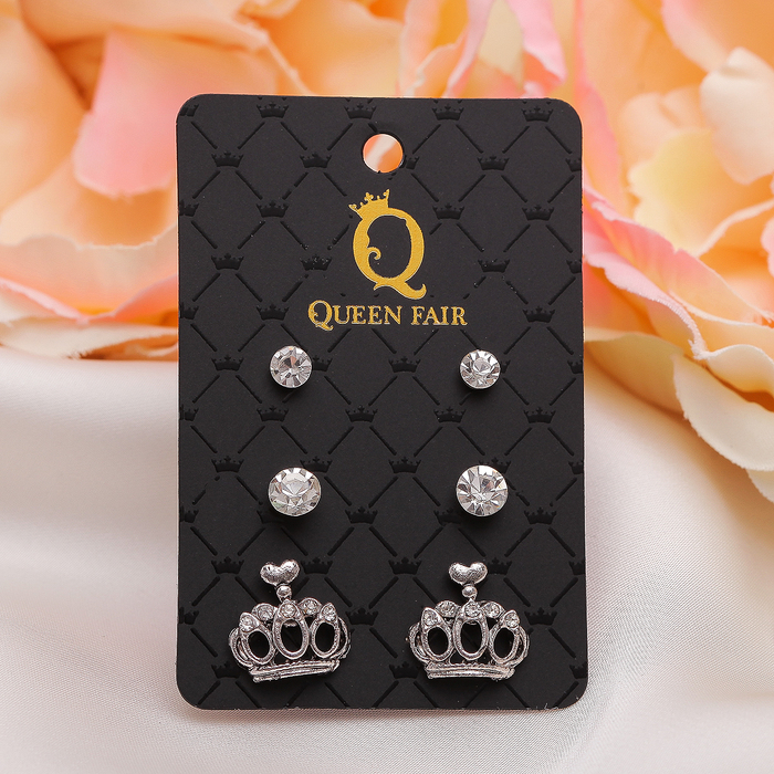 Пусеты 3 пары "Корона" с сердцем, цвет белый в чернёном серебре