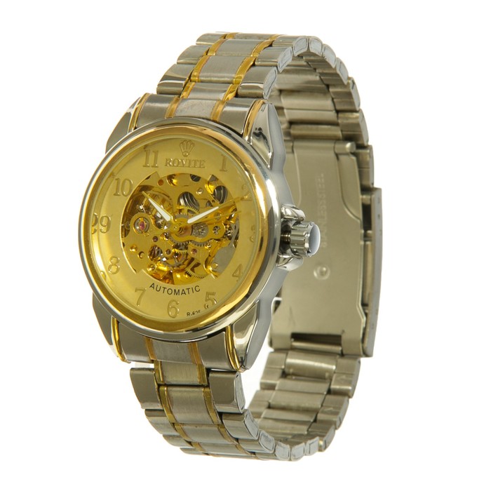 Часы наручные мужские, все цифры, циферблат жёлтый скелетон