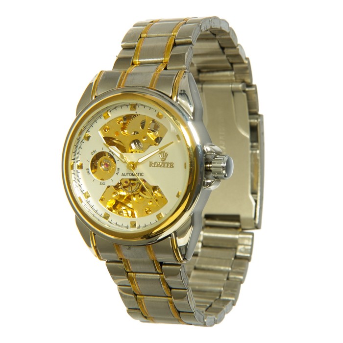 Часы наручные мужские, риски, циферблат белый скелетон