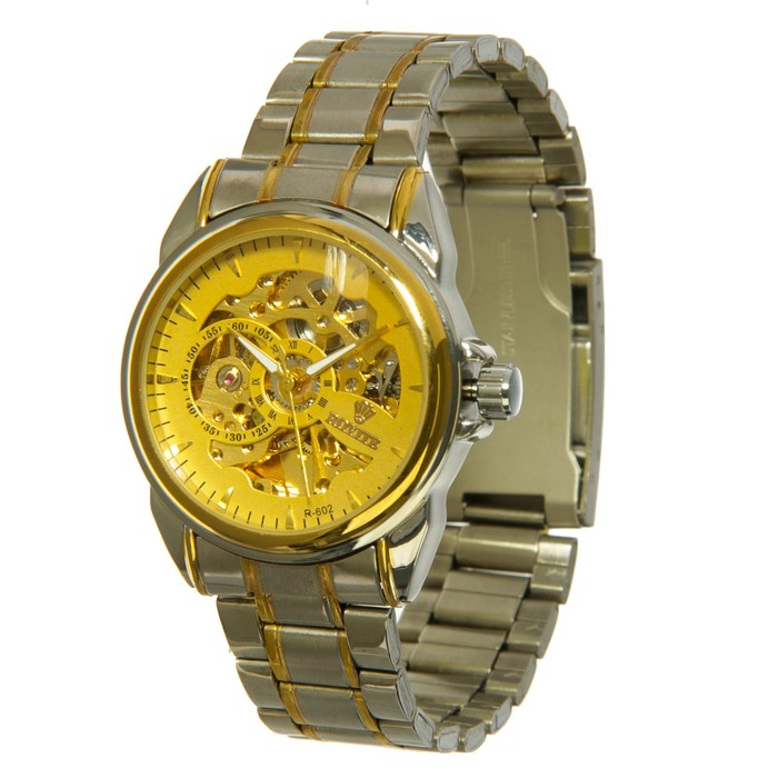 Часы наручные мужские, все риски, циферблат жёлтый скелетон