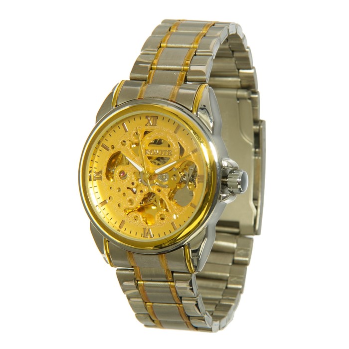 Часы наручные мужские, цифры и риски, циферблат жёлтый скелетон