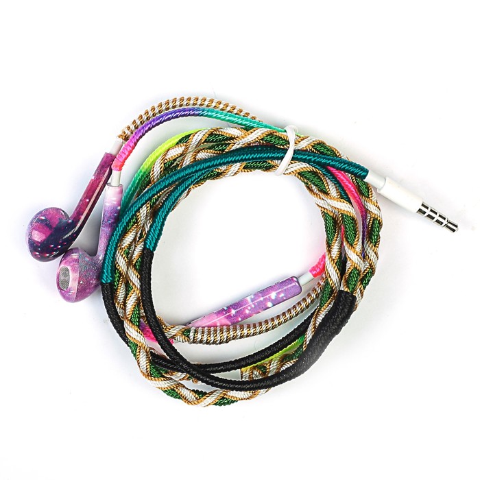 Наушники вкладыши, провод в разноцветной тканевой оплётке, МИКС
