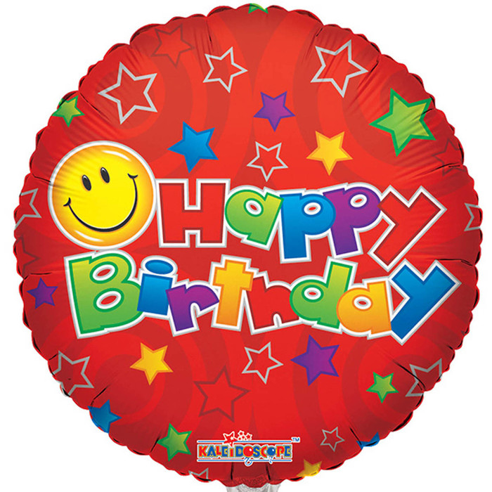 Шар фольгированный 18" "С Днем рождения" смайл на красном фоне