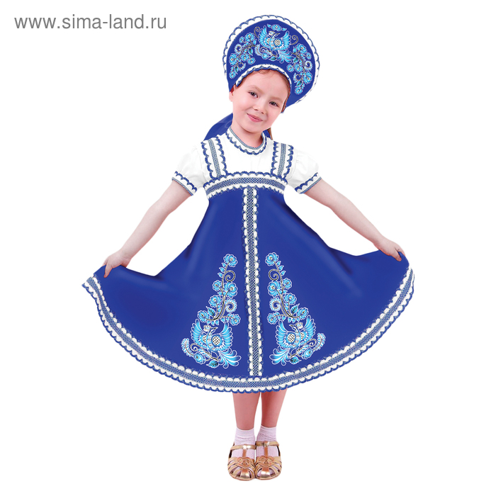Карнавальный русский костюм Птица Феникс, платье-сарафан, кокошник, цвет синий, р-р 32, рост 122-128 см