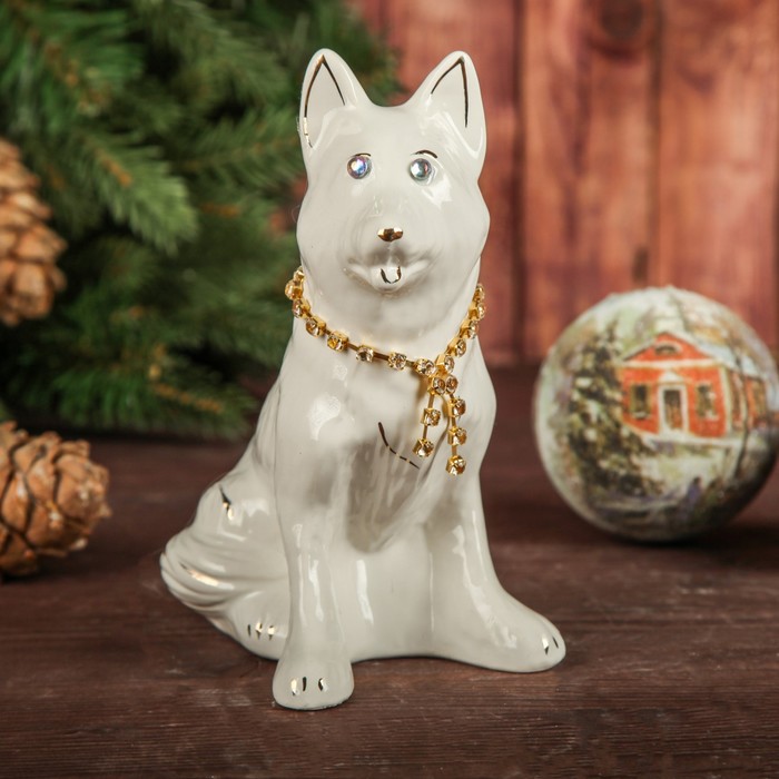 Копилка "Собака Овчарка"  мини, цепочка со стразами глянец белый