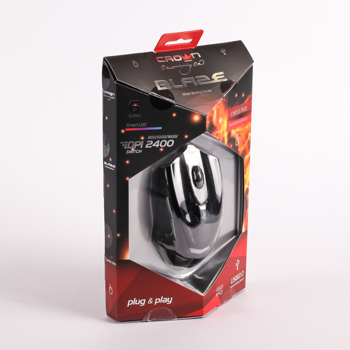 Мышь CROWN Gaming CMXG-1100BLAZE Black, 2400 dpi, красная подсветка, 6 кнопок