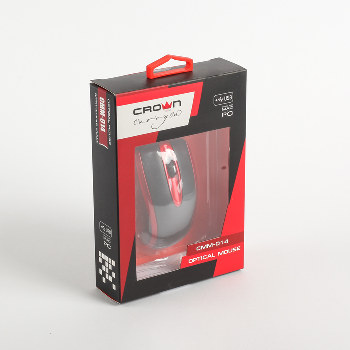 Мышь CROWN CMM-014 black&red, 3 кнопки, 800DPI, длина провода, 1.3м, USB