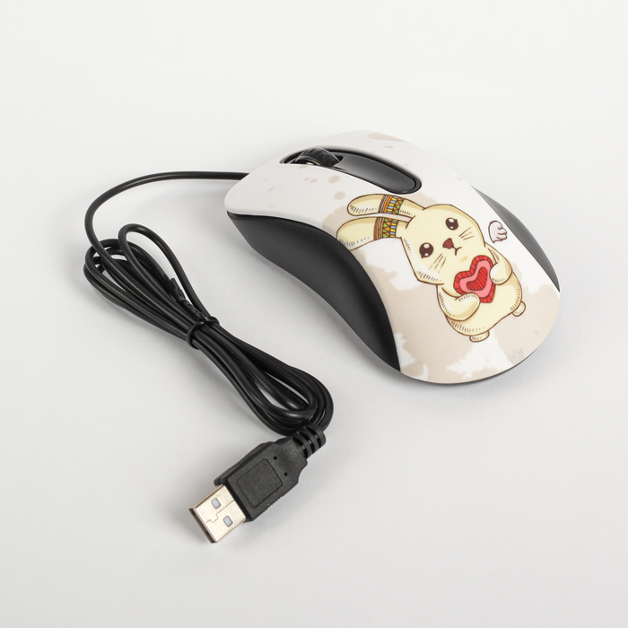 Мышь CROWN CMM-30(rabbit), цветной принт кролика, 3 кнопки, 1000DPI,  провод 1.3м, USB