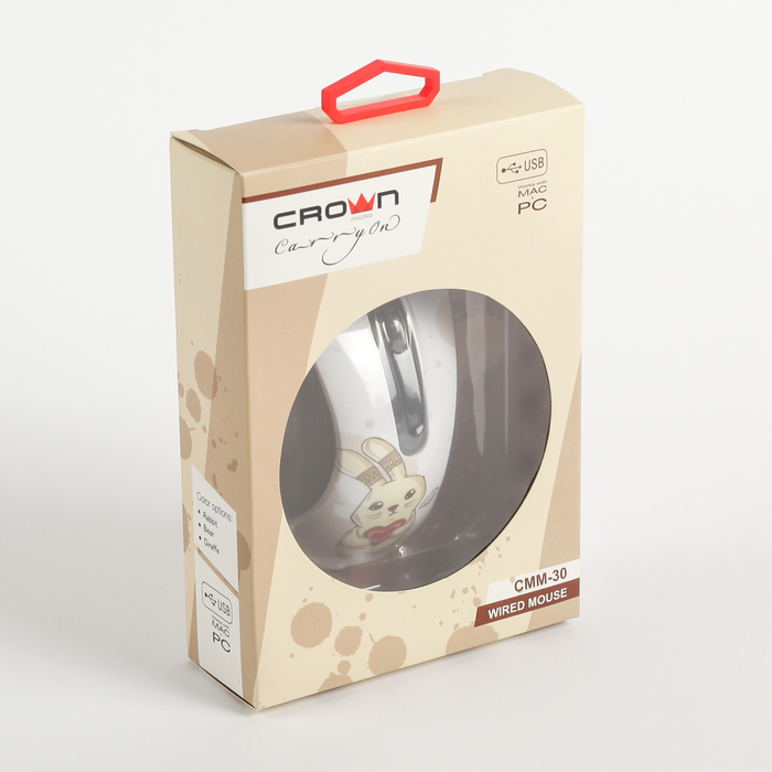 Мышь CROWN CMM-30(rabbit), цветной принт кролика, 3 кнопки, 1000DPI, провод 1.3м, USB