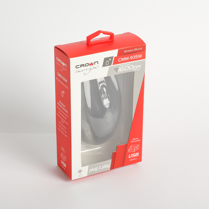 Мышь CROWN CMM-935W black, 6 кнопок, Soft-touch пластик, ААА*2шт (в комплекте), б/проводн.