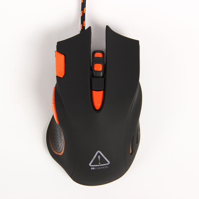 Мышь игровая Canyon CND-SGM5N, проводная, 6 400 DPI, 7 прогр. кн., подсветка, чёрно-оранж.