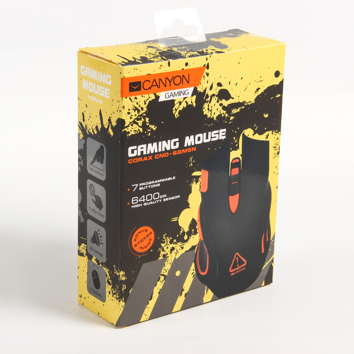 Мышь игровая Canyon CND-SGM5N, проводная, 6 400 DPI, 7 прогр. кн., подсветка, чёрно-оранж.