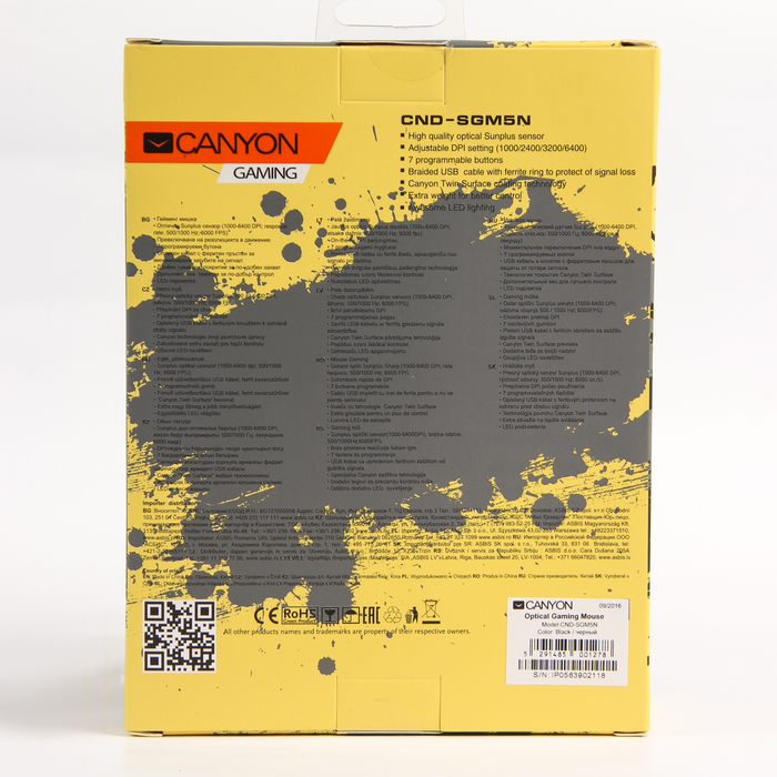 Мышь игровая Canyon CND-SGM5N, проводная, 6 400 DPI, 7 прогр. кн., подсветка, чёрно-оранж.