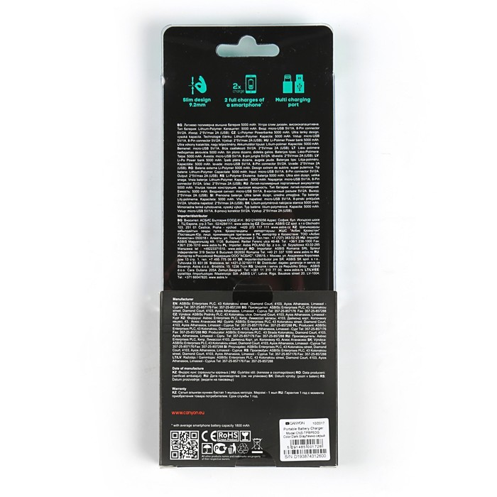 Внешний аккумулятор CANYON CNS-TPBP5DG Li-Pol, 5000 mAh, Micro-USB и Lightning