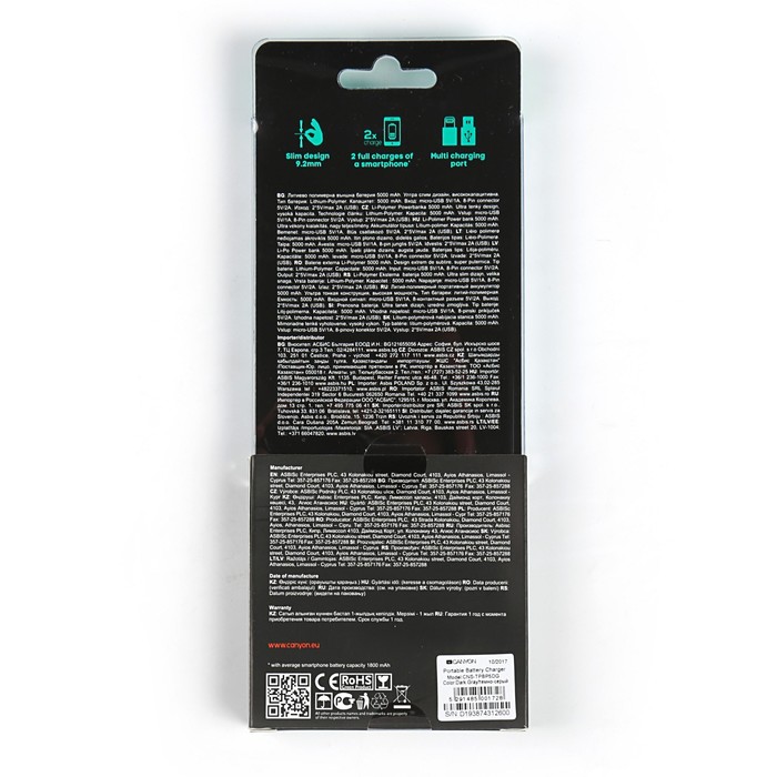 Внешний аккумулятор CANYON CNS-TPBP5DG Li-Pol, 5000 mAh, Micro-USB и Lightning