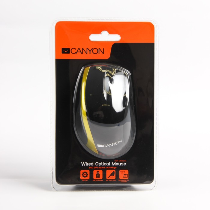 Мышь Canyon CNR-MSO01NG, проводная, 800 DPI, 3 кнопки, USB, Soft-touch, чёрно-жёлтая