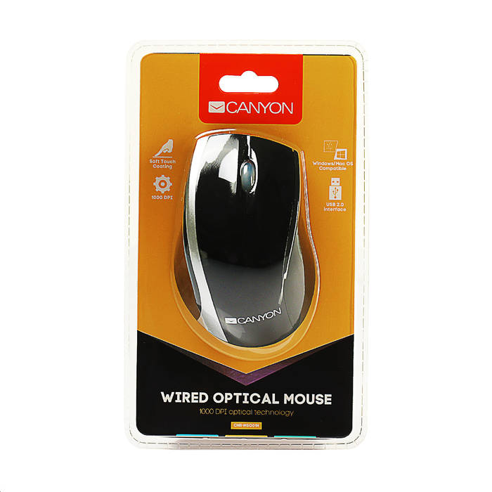 Мышь Canyon CNR-MSO01NS, проводная, 1000 DPI, 3 кнопки, USB, Soft-touch, чёрно-серебристая