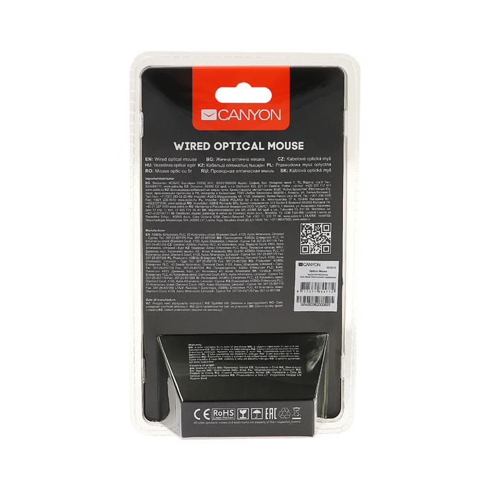Мышь Canyon CNR-MSO01NS, проводная, 1000 DPI, 3 кнопки, USB, Soft-touch, чёрно-серебристая