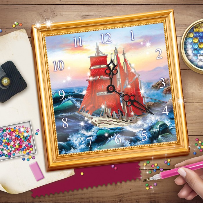 Алмазная вышивка на часах "Корабль", 30 х 30 см