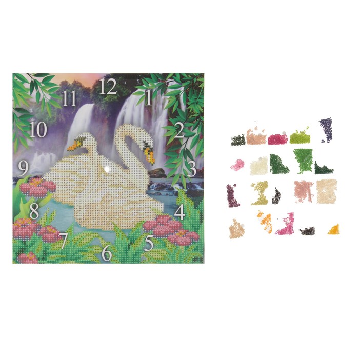 Алмазная вышивка на часах "Лебеди", 30 х 30 см