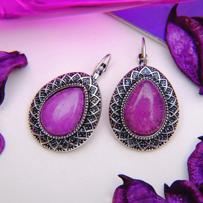 Серьги восток, капля в металлической оправе "Аметист"