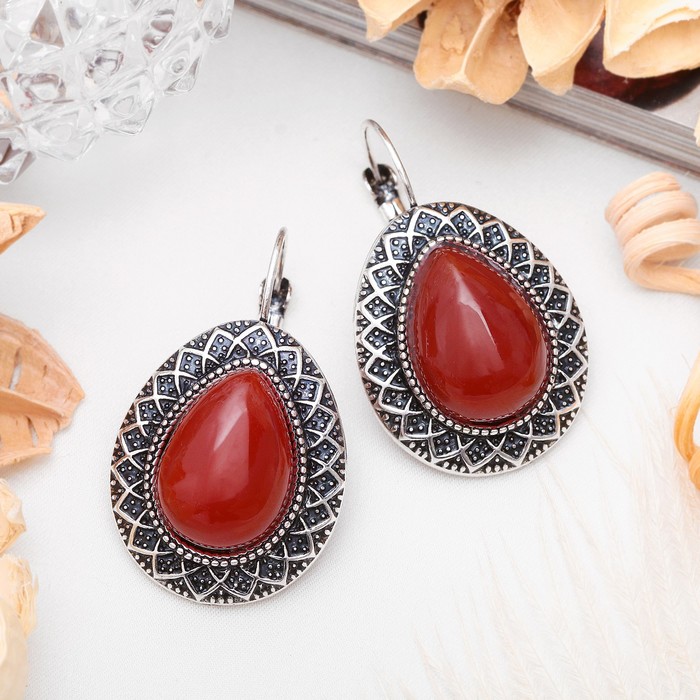 Серьги восток, капля в металлической оправе "Сердолик"