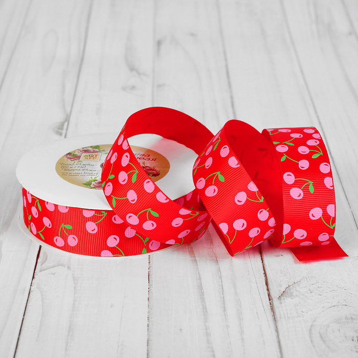 Лента репсовая "Вишня", 25мм, 22±1м, цвет красный