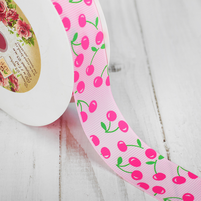 Лента репсовая "Вишня", 25мм, 22±1м, цвет розовый
