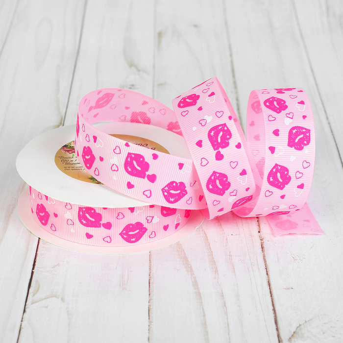 Лента репсовая "Губы", 25мм, 22±1м, цвет розовый