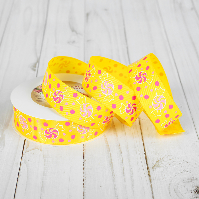 Лента репсовая "Конфеты", 25мм, 22±1м, цвет жёлтый
