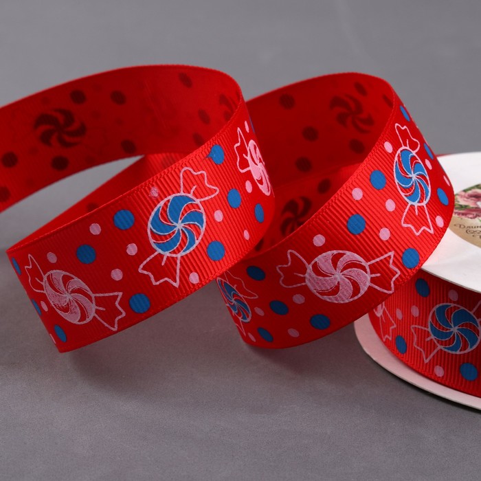 Лента репсовая "Конфеты", 25мм, 22±1м, цвет красный