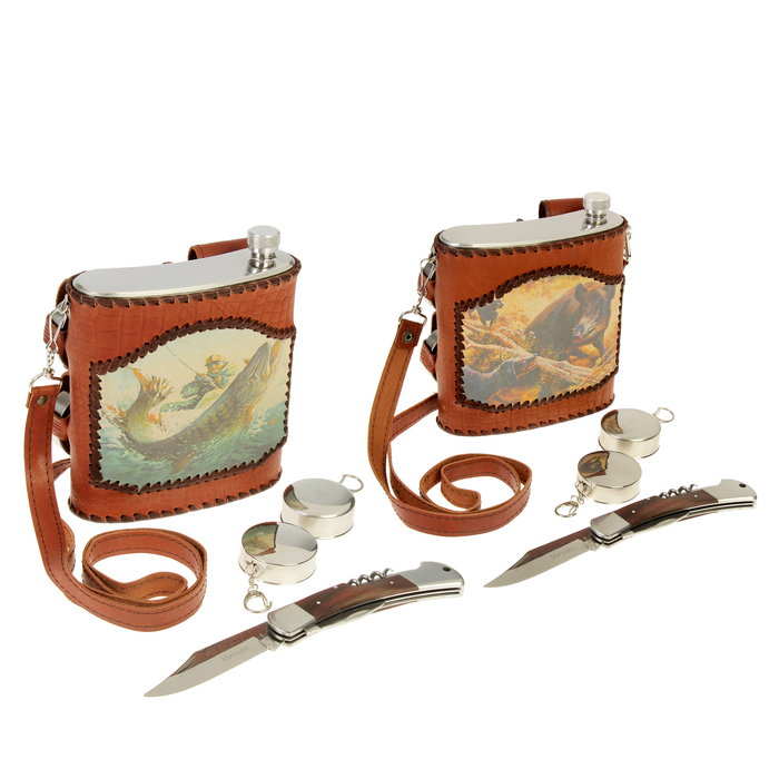 Павловская фляжка для охотника "Комфорт", 1 л, микс картинок, в наборе 3 предмета