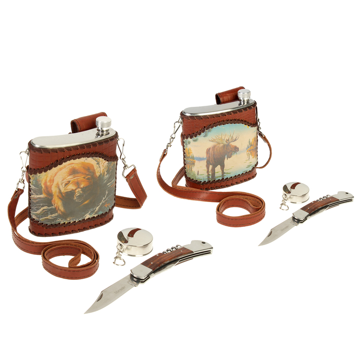 Павловская фляжка для охотника, 0,5 л, микс картинок, в наборе нож и складной стакан