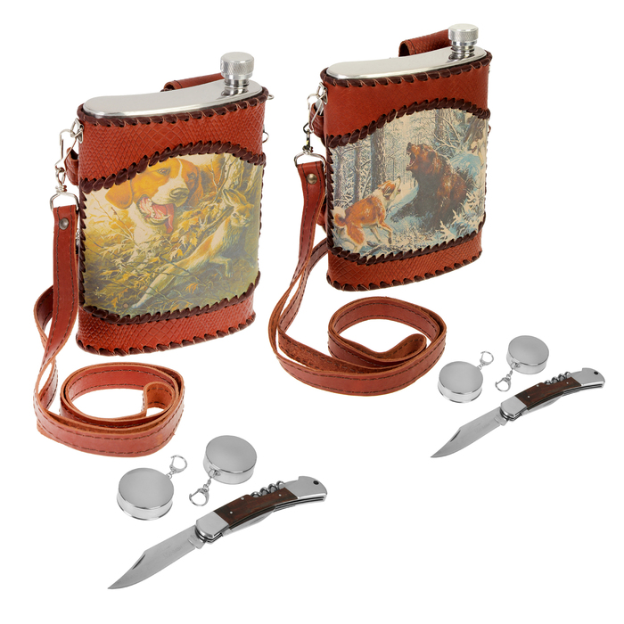 Павловская фляжка для охотника "Комфорт", 0,7 л, микс картинок, в наборе 3 предметов