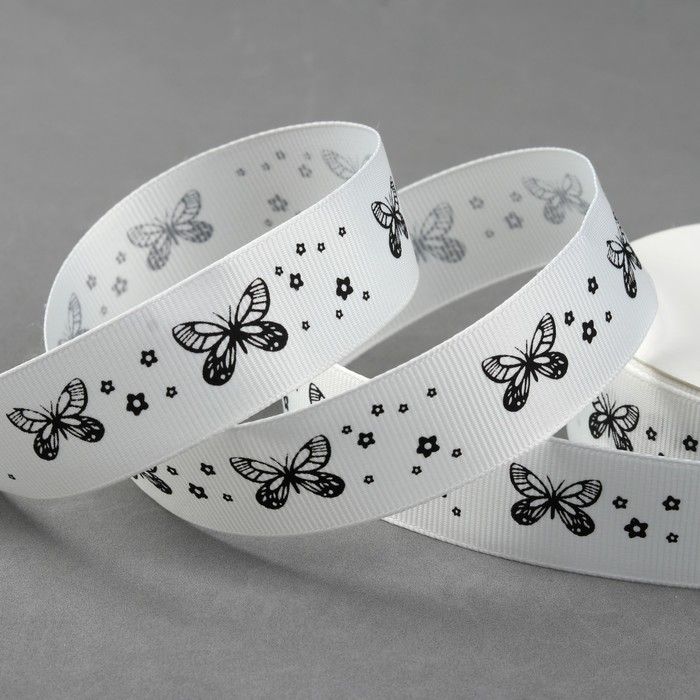 Лента репсовая "Бабочки", 25мм, 22±1м, цвет белый