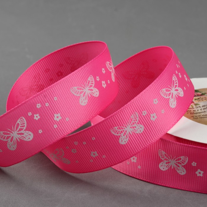 Лента репсовая "Бабочки", 25мм, 22±1м, цвет розовый