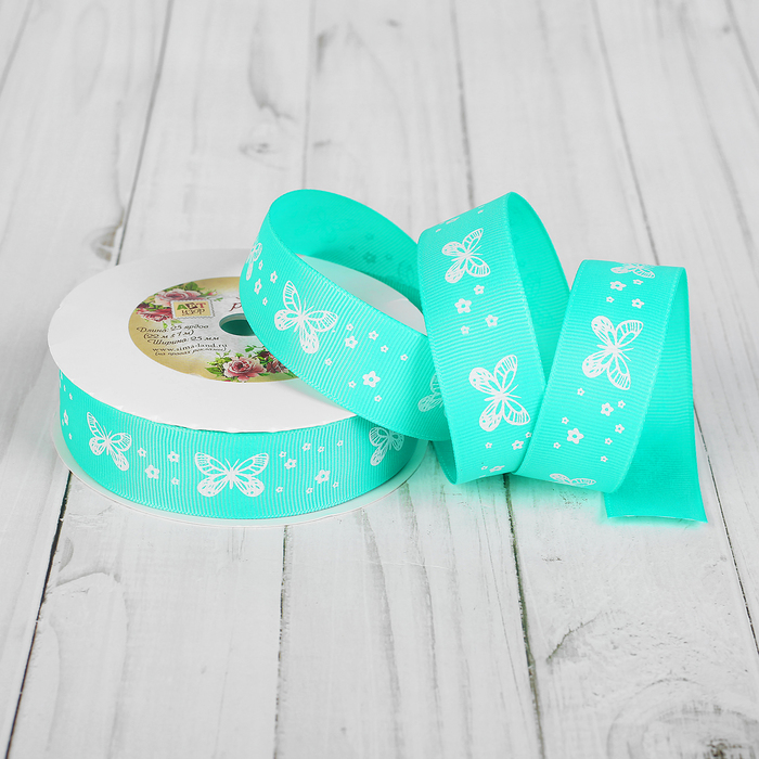 Лента репсовая "Бабочки", 25мм, 22±1м, цвет мятный