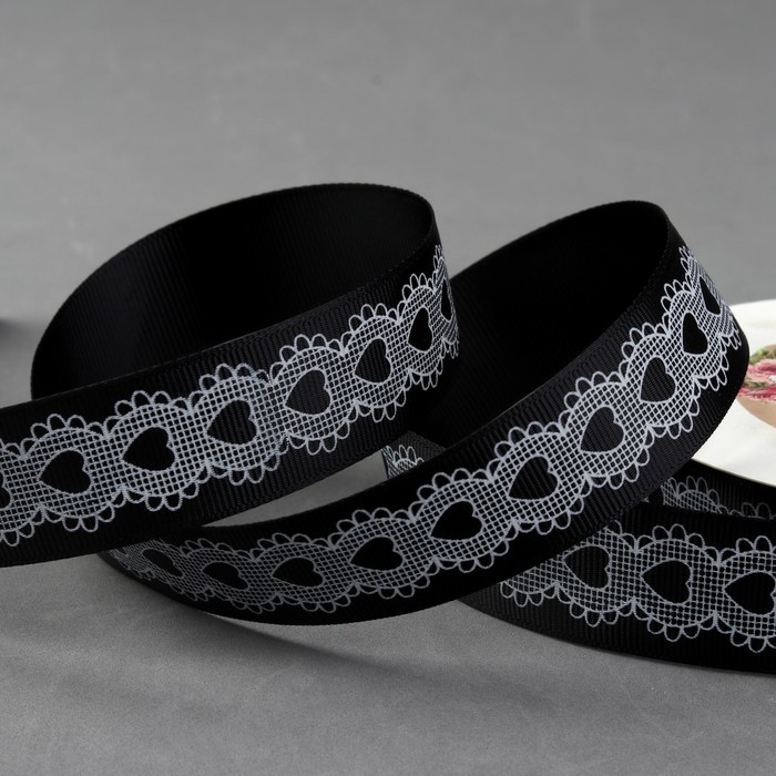 Лента репсовая "Кружево", 25мм, 22±1м, цвет чёрный