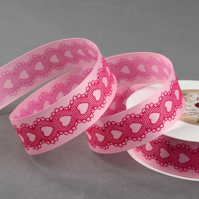 Лента репсовая "Кружево", 25мм, 22±1м, цвет розовый