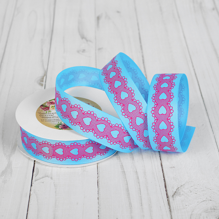 Лента репсовая "Кружево", 25мм, 22±1м, цвет голубой